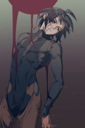 Rule 34 | 1boy, ahoge, black bodysuit, black hair, blood, blood from mouth, blood in hair, blood on arm, blood on clothes, blood on face, bloody tears, blue eyes, bodysuit, chaps, circle, colored sclera, cowboy shot, dripping, empty eyes, gradient background, gundam, gundam tekketsu no orphans, head tilt, highres, light particles, long sleeves, looking away, male focus, mikazuki augus, mismatched sclera, parted lips, red sclera, short hair, sideways glance, solo, sumooo (ga ilil)