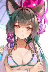 Rule 34 | 1girl, animal ears, arm under breasts, bikini, black hair, blue archive, bracelet, breasts, cleavage, collarbone, fox ears, hair ornament, halo, highres, holding, holding umbrella, jewelry, large breasts, long hair, looking at viewer, oil-paper umbrella, sakura akami, smile, solo, swimsuit, umbrella, upper body, wakamo (blue archive), wakamo (swimsuit) (blue archive), yellow eyes
