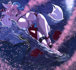 Rule 34 | 1girl, animal ears, arm up, armpits, black choker, black panties, blue eyes, blush, borrowed character, breasts, bust cup, choker, commentary, detached sleeves, english commentary, floating, fox ears, full body, hair over one eye, highres, huge breasts, japanese clothes, jewelry, kitsune, leg up, miko, moonlight, multiple rings, no bra, original, panties, pantyshot, partially submerged, petals, pink hair, platform footwear, plunging neckline, ponytail, pride-kun, ring, solo, thick thighs, thigh strap, thighs, underwear, water, wet, wet clothes