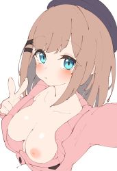 Rule 34 | 1girl, absurdres, bad id, bad twitter id, black headwear, black ribbon, blue eyes, blush, breasts, character request, cleavage, closed mouth, collarbone, copyright request, flat color, foreshortening, hair ribbon, hand up, highres, jacket, light brown hair, long hair, long sleeves, looking at viewer, medium breasts, nijisanji, nipples, no bra, partially unbuttoned, pink jacket, rasusurasu, ribbon, shiny skin, sidelocks, simple background, solo, straight hair, suzuhara lulu, suzuhara lulu (1st costume), tsurime, upper body, v, virtual youtuber, wavy mouth, white background