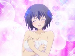 Rule 34 | baka to test to shoukanjuu, bare shoulders, black hair, breasts, cleavage, heart, huge breasts, naked towel, smile, stitched, third-party edit, towel, yoshii akira
