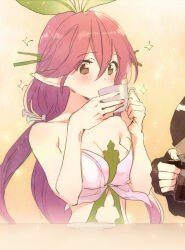 1girl black_gloves blush breasts brown_eyes cleavage cup doushite drinking fingerless_gloves gloves granblue_fantasy holding holding_cup long_hair midriff monster_girl pink_hair plant_girl plant_on_head pointy_ears simple_background solo_focus sparkle yellow_background yggdrasil_(granblue_fantasy)