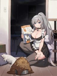 Rule 34 | 1girl, absurdres, apron, black choker, black skirt, blue eyes, borrowed character, bowl, breasts, cat, cat tower, choker, cleavage, crying cat (meme), failure, grey hair, grey thighhighs, hellk111, highres, holding, indoors, large breasts, looking at viewer, maid (gogalking), meme, miniskirt, on one knee, original, pet bowl, pet food, pleated skirt, ponytail, skirt, smile, solo, thighhighs, too much food, white apron, wooden floor