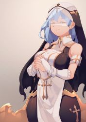 Rule 34 | 1girl, absurdres, armband, bare shoulders, blue hair, bridal gauntlets, closed mouth, cross, cross earrings, cross necklace, cross print, earrings, gloves, gradient background, h.pn, highres, jewelry, light blue hair, long hair, necklace, nun, orange eyes, original, own hands together, seductive smile, slit pupils, smile, solo, thick thighs, thighs, turtleneck, veil, white gloves