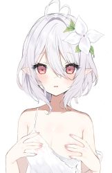 Rule 34 | 1girl, antenna hair, bare shoulders, blush, breasts, covered erect nipples, covering breasts, covering privates, elf, fingernails, flower, hair between eyes, hair flower, hair ornament, highres, kokkoro (princess connect!), nail polish, open mouth, pink eyes, pink nails, pointy ears, princess connect!, short hair, small breasts, solo, tank top, upper body, white background, white hair, yupi (yuyupiko01)