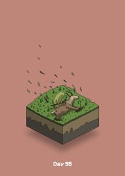 Rule 34 | arrow (projectile), commentary request, dead animal, deer, diorama, gozz, grass, highres, holding, holding stick, isometric, kneeling, original, red background, stick