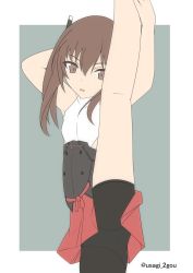 Rule 34 | 1girl, bell shireikan, bike shorts, black shorts, border, brown eyes, brown hair, commentary request, corset, cowboy shot, flat chest, flat color, grey background, hakama, hakama short skirt, hakama skirt, headgear, highres, japanese clothes, kantai collection, kneepits, one-hour drawing challenge, red hakama, red skirt, shorts, shorts under skirt, simple background, skirt, sleeveless, solo, split, standing, standing on one leg, standing split, taihou (kancolle), twitter username, white border