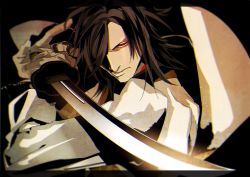 Rule 34 | 10s, 1boy, fighting stance, glowing, glowing eye, hair over one eye, holding, holding sword, holding weapon, jewelry, letterboxed, long hair, mad369, male focus, messy hair, oodenta mitsuyo, red eyes, ring, solo, sword, touken ranbu, upper body, weapon