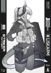 Rule 34 | 1girl, absurdres, arknights, ballistic shield, bulletproof vest, glock, gloves, greyscale, gun, handgun, highres, holding, holding shield, holster, holstered, horns, liskarm (arknights), long hair, monochrome, null-3, pantyhose, parted lips, ponytail, riot shield, shield, skirt, solo, tail, thigh strap, weapon