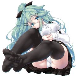 Rule 34 | 1girl, aqua eyes, aqua hair, ass, black skirt, black thighhighs, blush, bow, commentary, dd (ijigendd), feet, female focus, hair bow, highres, kantai collection, legs, looking at viewer, panties, sitting, skirt, solo, thighhighs, thighs, trefoil, underwear, white background, white panties, yamakaze (kancolle)