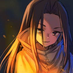 Rule 34 | 1girl, brown eyes, brown hair, character request, cloak, commentary request, forehead, grey cloak, long hair, looking at viewer, male focus, midorikawa you, parted bangs, parted lips, shaman king, solo, upper body