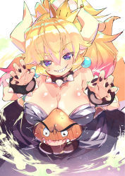 Rule 34 | 1girl, black dress, black nails, blonde hair, blue eyes, blush, bowsette, bracelet, breast rest, breasts, breasts on head, claw pose, collar, commentary request, crown, dress, earrings, fujishima-sei ichi-gou, full-face blush, goomba, grin, hair between eyes, highres, horns, jewelry, large breasts, long hair, looking at viewer, mario (series), nail polish, nintendo, sharp teeth, smile, spiked bracelet, spiked collar, spikes, strapless, strapless dress, super crown, teeth, upper body, white background