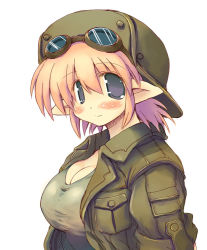 Rule 34 | 1girl, blush, breasts, cleavage, closed mouth, dot nose, female focus, goggles, goggles on head, grey eyes, hat, huge breasts, jacket, looking at viewer, no pupils, open clothes, open jacket, original, pointy ears, profile, red hair, sakaki (noi-gren), shirt, short hair, simple background, smile, solo, uniform, upper body, white background