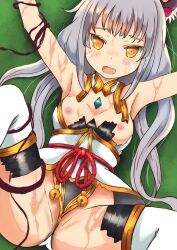 Rule 34 | 1girl, :o, animal ears, armpits, arms up, breasts, breasts out, cat ears, cat girl, core crystal (xenoblade), fang, from above, green background, grey hair, highleg, highleg leotard, leotard, long hair, looking back, lying, nia (blade) (xenoblade), nia (xenoblade), nipples, on back, shougakusei, skin fang, small breasts, solo, spread legs, thighhighs, very long hair, white leotard, white thighhighs, xenoblade chronicles (series), xenoblade chronicles 2, yellow eyes