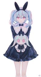 Rule 34 | 1girl, 43 pon, aimaina, animal ears, aqua hair, black bow, black dress, bow, bowtie, collar, commentary, dress, fake animal ears, hair between eyes, hatsune miku, highres, holding, holding stuffed toy, looking at viewer, pastel colors, rabbit ears, red eyes, sidelocks, signature, simple background, solo, stuffed toy, twintails, vocaloid, white background, white collar