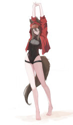 Rule 34 | 1girl, absurdres, animal ear fluff, animal ears, arknights, arms up, bare legs, barefoot, black one-piece swimsuit, brown hair, chinese commentary, closed eyes, closed mouth, commentary, ears through hood, full body, hair between eyes, highres, hood, hood up, hooded jacket, jacket, official alternate costume, one-piece swimsuit, open clothes, open jacket, projekt red (arknights), projekt red (light breeze) (arknights), ren xiaoxin, solo, stretching, swimsuit, tail, thigh strap, white background, wolf ears, wolf girl, wolf tail