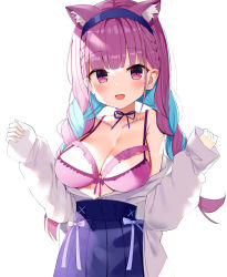 Rule 34 | 1girl, ahoge, animal ear fluff, animal ears, blouse, blue skirt, bra, braid, breasts, cat ears, choker, cleavage, collarbone, commentary request, hairband, high-waist skirt, hololive, long hair, looking at viewer, medium breasts, minato aqua, minato aqua (sailor), multicolored hair, off shoulder, open clothes, open mouth, open shirt, pink bra, pleated skirt, purple eyes, purple hair, revision, shirt, simple background, skirt, smile, solo, twin braids, twintails, two-tone hair, underwear, upper body, virtual youtuber, white background, white shirt, zhiyou ruozhe