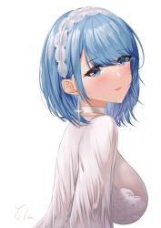 Rule 34 | 1girl, absurdres, azur lane, blue eyes, blue hair, breasts, chapayev (azur lane), chapayev (white cavalier&#039;s respite) (azur lane), commentary request, dress, earrings, eyes visible through hair, from side, hair over one eye, hairband, highres, ichikushi mojibake, jewelry, large breasts, looking at viewer, looking to the side, official alternate costume, short hair, signature, simple background, solo, swept bangs, upper body, white background, white dress, white hairband