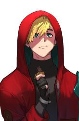 Rule 34 | 1boy, black gloves, black shirt, blonde hair, blue eyes, chewing, chocolate, closed mouth, earrings, fingerless gloves, food, gaeha is, gloves, hand up, highres, holding, holding food, hood, hood up, jacket, jewelry, long sleeves, looking away, male focus, mole, mole under eye, red jacket, shirt, short hair, simple background, single earring, solo, trigun, trigun stampede, upper body, vash the stampede, white background