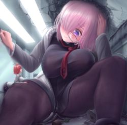 Rule 34 | 2girls, alternate hair color, black shirt, black skirt, blush, breasts, chaldea uniform, commentary request, crack, cracked ceiling, cracked wall, fate/grand order, fate (series), flower pot, fujimaru ritsuka (female), giant, giantess, glasses, grey jacket, hair over one eye, highres, indoors, jacket, large breasts, mash kyrielight, miniskirt, multiple girls, necktie, orange hair, pantyhose, pink hair, purple eyes, red neckwear, rubble, shirt, short hair, skirt, thick thighs, thighs, zen-gts