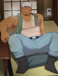 Rule 34 | 1boy, armpit hair, armpit hair peek, bara, belt, black eyes, black socks, blue pants, blush, bright pupils, chest hair, collarbone, dark-skinned male, dark skin, dirty, dirty clothes, facial hair, goatee, goatee stubble, headband, highres, indoors, male focus, muscular, muscular male, on floor, open mouth, original, pants, pectoral cleavage, pectorals, sarukichi 6401, sidepec, socks, solo, stubble, sweat, tank top, thick eyebrows, towel, towel around neck, white headband, white pupils, white tank top