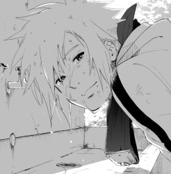 Rule 34 | 1boy, forehead protector, looking at viewer, male focus, monochrome, namikaze minato, naruto, naruto (series), smile, solo, terragin, water, wet