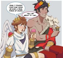 Rule 34 | 2boys, ancient greek clothes, angel wings, black hair, blue eyes, bracer, brown hair, collarbone, crossover, cup, dark-skinned male, dark skin, drinking glass, english text, feathered wings, francisco mon, greco-roman clothes, green eyes, hades (series), hades 1, heterochromia, highres, kid icarus, laurel crown, male focus, multiple boys, muscular, name connection, nintendo, pit (kid icarus), red eyes, short hair, single bare shoulder, skull, smile, spiked hair, wine glass, wings, zagreus (hades)
