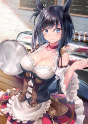 Rule 34 | 1girl, animal ears, apron, bakery, black hair, blush, breasts, cake, choker, cleavage, closed mouth, commentary, eishin flash (umamusume), food, frilled apron, frilled skirt, frills, fruit, german clothes, grey eyes, hair ribbon, hands up, highres, holding, holding tray, horse ears, horse girl, horse tail, jar, large breasts, looking at viewer, menu board, red choker, ribbon, saddle, sebu illust, shop, short hair, skirt, smile, solo, strawberry, striped clothes, striped skirt, tail, tray, umamusume, wooden floor