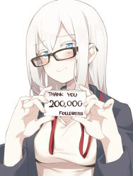 Rule 34 | 1girl, asutora, asutora-chan, black-framed eyewear, blue eyes, breasts, closed mouth, commentary request, english text, fingernails, glasses, holding, looking at viewer, medium breasts, mole, mole under eye, original, short hair, simple background, smile, solo, thank you, upper body, white background, white hair