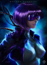 Rule 34 | 1girl, absurdres, blue-tinted eyewear, bodysuit, breasts, cable, character name, cropped jacket, cyborg, ghost in the shell, ghost in the shell stand alone complex, heads-up display, highres, kusanagi motoko, lipstick, makeup, medium breasts, nose piercing, nose ring, piercing, purple-tinted eyewear, purple hair, purple lips, short hair, skin tight, solo, tinted eyewear, visor, zomen