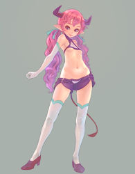 Rule 34 | 1girl, bare shoulders, breasts, demon girl, demon tail, elbow gloves, full body, gloves, high heels, horns, large breasts, legs, navel, original, pink hair, pointy ears, shoes, short shorts, shorts, simple background, solo, standing, tail, thighhighs, twintails, underboob, weno
