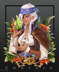 Rule 34 | 1girl, ana (overwatch), anchor symbol, bayonet, bird, black background, braid, breasts, brown eyes, buttons, coat, collarbone, commentary request, corsair ana, dark-skinned female, dark skin, earrings, eye of horus, eyepatch, facial tattoo, fern, flower, framed image, from side, gradient background, grey background, gun, headband, hibiscus, highres, jewelry, kuzunue, long hair, long sleeves, looking to the side, medium breasts, official alternate costume, old, old woman, open collar, overwatch, overwatch 1, parrot, parted lips, pirate, plant, ring, rope, shirt, signature, single braid, smile, solo, syringe, tattoo, twitter username, upper body, weapon, white hair, white shirt