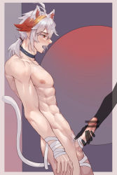 Rule 34 | 1boy, 1other, abs, absurdres, animal ears, bandages, bar censor, cat boy, cat ears, cat tail, censored, collar, erection, genshin impact, hair between eyes, highres, kaedehara kazuha, large penis, low ponytail, male focus, muscular, muscular male, nipples, open mouth, penis, ponytail, pubic hair, red eyes, short hair, tail, testicles, user vvfe4558, white hair, white pubic hair
