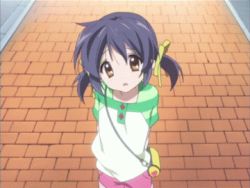 Rule 34 | 00s, 1girl, animated, animated gif, bag, blue hair, brown eyes, casual, clannad, clannad after story, hair ribbon, handbag, lowres, non-web source, raglan sleeves, ribbon, screencap, short hair, solo, sunohara mei, twintails
