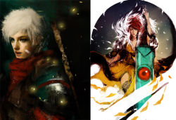 Rule 34 | 1boy, 1girl, bastion, collage, company connection, lips, muju, nose, realistic, red (transistor), red hair, supergiant games, the kid (bastion), the transistor, transistor (game), white hair, unfinished