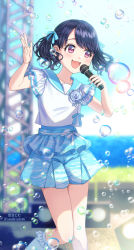Rule 34 | 1girl, black hair, blue nails, blue ribbon, blue shorts, bubble, day, fangs, fukumaru koito, hair ribbon, highres, holding, holding microphone, idol, idolmaster, idolmaster shiny colors, microphone, nail polish, open mouth, outdoors, purple eyes, ribbon, sailor collar, short sleeves, shorts, skin fangs, soap bubbles, solo, soramame tomu, stage, twintails, white legwear