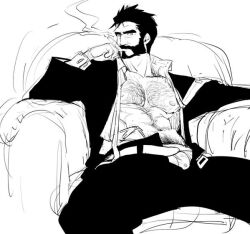 Rule 34 | 1boy, abs, bara, bare pectorals, beard, belt, boxers, bulge, buttons, chest hair, cigar, couch, facial hair, feet out of frame, formal, graves (league of legends), greyscale, hair slicked back, hairy, karipaku, large pectorals, league of legends, looking at viewer, male focus, male underwear, mature male, monochrome, muscular, muscular male, mustache, navel, navel hair, nipples, on couch, open belt, open clothes, open fly, open shirt, pectorals, short hair, sitting, smoking, solo, stomach, suit, thick eyebrows, underwear