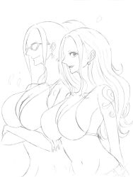 Rule 34 | 2girls, bare shoulders, bikini, breasts, cleavage, cleavage cutout, closed mouth, clothing cutout, dress, earrings, female focus, from side, highres, large breasts, long hair, looking at viewer, monochrome, multiple girls, nami (one piece), nape, nico robin, one piece, open mouth, profile, simple background, smile, sphere earrings, swimsuit, tattoo, white background