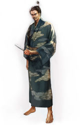 Rule 34 | 1boy, arm at side, bad id, bad pixiv id, barefoot, black hair, facial hair, full body, japanese clothes, kimono, looking at viewer, male focus, mustache, original, simple background, solo, standing, tokiemon gogogo, topknot, white background, wide sleeves