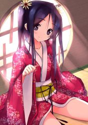 Rule 34 | 1girl, akesaka iku, black eyes, black hair, blush, collarbone, flower, hair flower, hair ornament, heart, heart-shaped pupils, indoors, japanese clothes, kimono, light smile, looking at viewer, matching hair/eyes, sengoku taisen, senhime, sitting, smile, solo, source request, symbol-shaped pupils, twintails, two side up, window