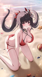 Rule 34 | 1girl, absurdres, alternate costume, ball, beach, beachball, bell, bikini, bow, breasts, brown hair, cleavage, commentary request, criss-cross straps, facial mark, full body, hair between eyes, hair bow, hand on ground, highres, holding own arm, honkai: star rail, honkai (series), kneeling, large breasts, long hair, looking at viewer, mask, mask on head, multiple hair bows, neck bell, parted lips, red bikini, red bow, red eyes, sand, side-tie bikini bottom, solo, sparkle (honkai: star rail), swimsuit, twintails, yeni1871
