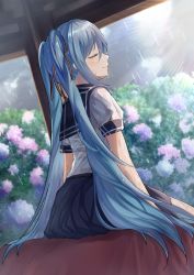 Rule 34 | 1girl, absurdres, bench, blue flower, blue hair, blue skirt, canopy (shelter), ccharles801, closed eyes, closed mouth, cloud, cloudy sky, commentary request, eyebrows hidden by hair, flower, from behind, from side, grey sky, hair ornament, hair ribbon, hatsune miku, head tilt, highres, light particles, light rays, long hair, on bench, outdoors, pink flower, puffy sleeves, purple flower, rain, ribbon, school uniform, serafuku, shelter, shirt, short sleeves, sidelocks, sitting, skirt, sky, smile, solo, sun, sunlight, thighs, twintails, vegetation, very long hair, vocaloid, water drop, wet, wet clothes, wet face, white shirt