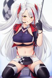 Rule 34 | 1girl, :q, antenna hair, azur lane, black gloves, black thighhighs, blush, breasts, checkered flag, commentary, crop top, cropped jacket, d.birb, flag, gloves, gradient background, grey background, hand up, headset, high heels, highleg, highleg panties, highres, holding, holding flag, jacket, large breasts, long hair, looking at viewer, microskirt, midriff, multicolored hair, navel, official alternate costume, open clothes, open jacket, panties, prinz eugen (azur lane), prinz eugen (final lap) (azur lane), red hair, seiza, short sleeves, silver hair, sitting, skirt, smile, solo, stomach, streaked hair, thighhighs, thighs, tongue, tongue out, two side up, underboob, underwear, very long hair, yellow eyes