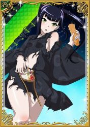 Rule 34 | 00s, 1girl, bare legs, black hair, breasts, card (medium), dress, female focus, hair ornament, ikkitousen, japanese clothes, kimono, long hair, looking at viewer, lying, saji genpou (true), shiny skin, small breasts, solo, twintails, wet, yellow eyes
