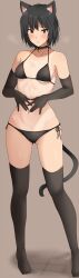 Rule 34 | 1girl, amagami, animal ears, bell, bikini, black bikini, black border, black choker, black eyes, black gloves, black hair, black thighhighs, blush, border, breasts, breath, brown background, cat ears, cat tail, choker, collarbone, commentary, elbow gloves, embarrassed, feet out of frame, furrowed brow, gloves, gluteal fold, highres, kemonomimi mode, looking at viewer, medium breasts, mobu, nanasaki ai, navel, neck bell, parted lips, short hair, side-tie bikini bottom, simple background, solo, standing, stomach, string bikini, swimsuit, tail, tan, tanline, thighhighs