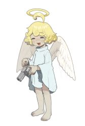 Rule 34 | 1girl, absurdres, ahoge, angel, angel wings, barefoot, blonde hair, blush, borrowed character, bullet, curly hair, dress, closed eyes, fang, female focus, full body, gun, halo, handgun, highres, holding, holding gun, holding weapon, open mouth, opossumachine, original, revolver, simple background, solo, standing, weapon, white background, white dress, wings
