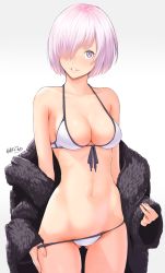 Rule 34 | 1girl, alternate costume, bare shoulders, bikini, bikini pull, black coat, black ribbon, blush, breasts, cleavage, clothes pull, coat, collarbone, cowboy shot, fate/grand order, fate (series), front-tie bikini top, front-tie top, gluteal fold, grey background, hair over one eye, long sleeves, mash kyrielight, medium breasts, nanahime, navel, nose blush, off shoulder, open clothes, open coat, parted lips, pink hair, pulling own clothes, purple eyes, ribbon, short hair, signature, simple background, skindentation, sleeves past wrists, smile, solo, standing, stomach, swimsuit, tareme, teasing, white bikini