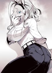Rule 34 | 1girl, animal ears, ass, belt, blue eyes, boku no hero academia, breast pocket, breasts, colored skin, cowboy shot, furry, furry female, hair slicked back, highres, huge breasts, impossible clothes, impossible shirt, ippan josei, long hair, monochrome, multicolored skin, navel, open mouth, pants, pocket, shirt, shycollared shirt, snout, solo, spot color, takatsuki ichi