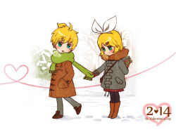 Rule 34 | 1boy, 1girl, arm behind back, blonde hair, boots, brother and sister, chibi, clothes grab, coat, gift, gloves, hands in pockets, kagamine len, kagamine rin, koz, looking back, scarf, siblings, twins, valentine, vocaloid, walking, winter clothes