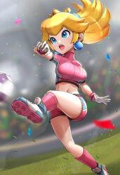 Rule 34 | 1girl, absurdres, arm up, ball, blue eyes, blue footwear, blurry, blurry background, blush, breasts, cleats, commentary request, confetti, covered collarbone, crop top, cropped shirt, crown, earrings, eyelashes, field, floating hair, gem, glint, gloves, gonzarez, grass, highres, jewelry, kicking, large breasts, leg up, lips, long hair, mario (series), midriff, motion blur, multicolored clothes, multicolored footwear, multicolored shirt, multicolored shorts, navel, nintendo, open clothes, pink hair, pink shirt, pink shorts, pink socks, pink wristband, playing sports, ponytail, princess peach, shirt, shoes, short shorts, short sleeves, shorts, sidelocks, soccer, soccer ball, soccer field, soccer uniform, socks, solo, sphere earrings, sportswear, stadium, standing, standing on one leg, stomach, strikers peach, super mario strikers, sweat, teeth, turtleneck, upper teeth only, white footwear, white gloves, wristband